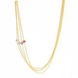 Several gold necklaces with bithstone charms on a white background