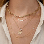Close-up of a person wearing multiple gold necklaces with various pendants.