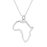 An Africa pendant necklace in sterling silver on a white background. 