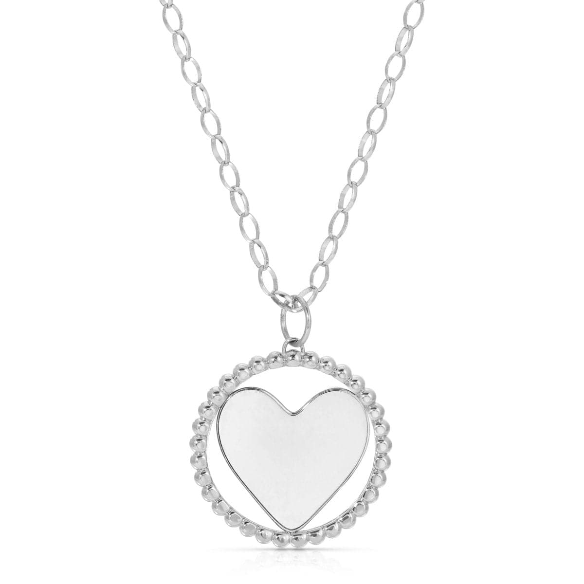 A sterling silver Be Gentle in Grief Necklace showing the side with space for engraving on a white background. 