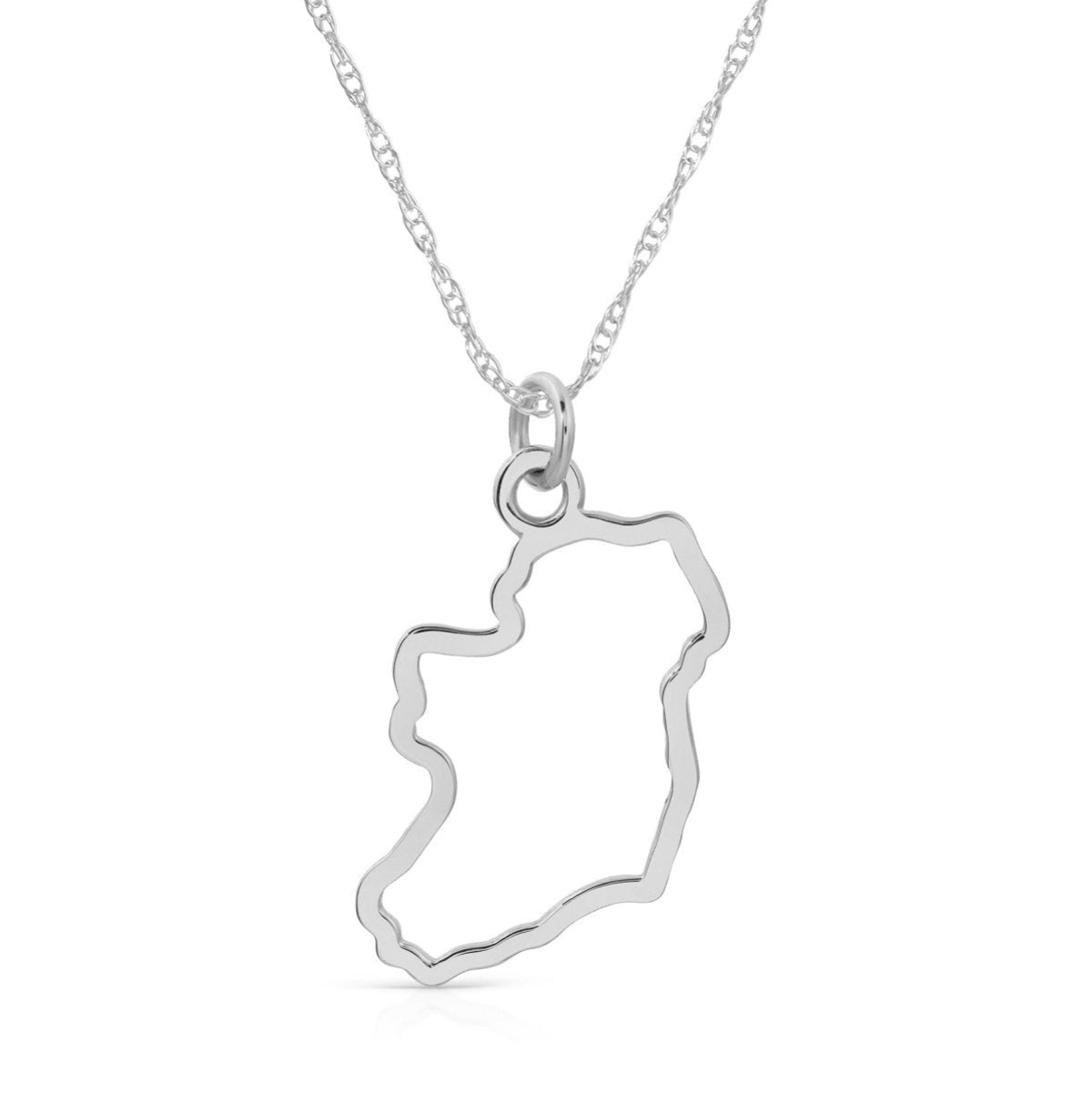 An Ireland necklace in sterling silver on a white background. 