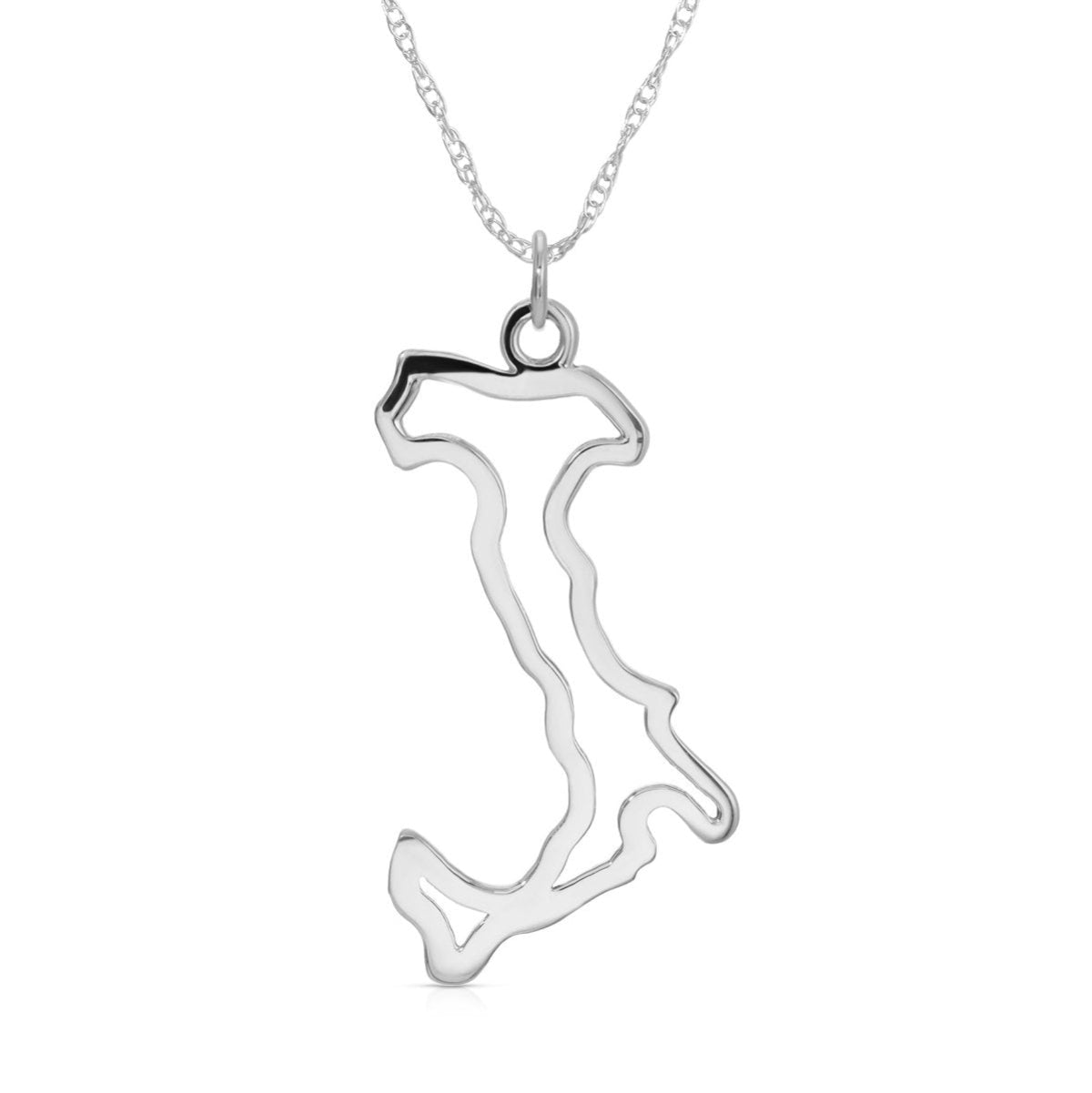 An Italy pendant necklace in sterling silver on a white background. 