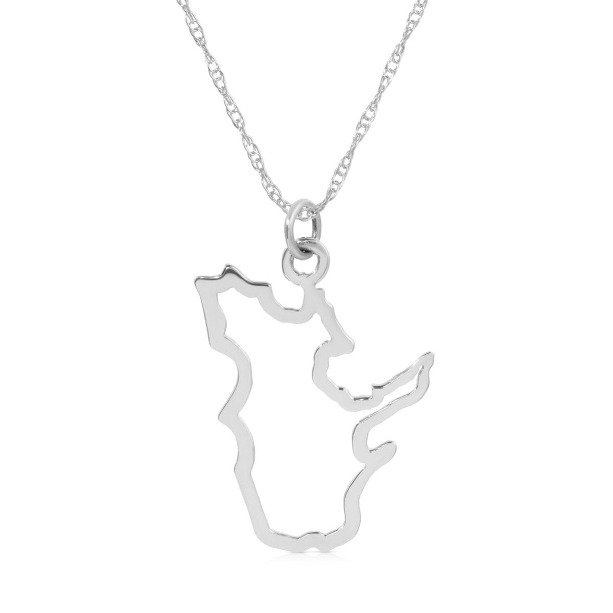 A Quebec pendant necklace in sterling silver on a white background.