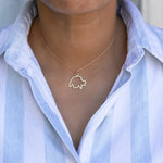 Close-up of a person's neck wearing a Switzerland necklace in yellow gold with a blue and white striped shirt against a light grey blurred background.