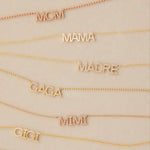 Pavé MOM, MADRE, GAGA and GIGI and MAMA and GIGI Necklaces in either yellow or rose gold on a light beige background. 
