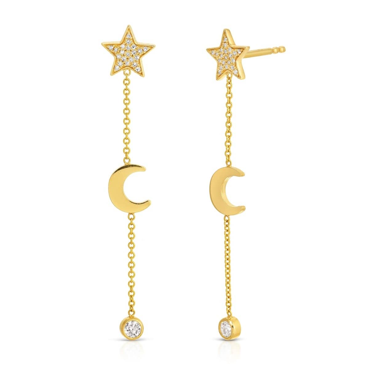 A pair of Luna Spritz Earring in yellow gold on a white background. 