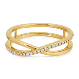 A Criss-Cross Diamond Duo Ring in yellow gold on a white background. 