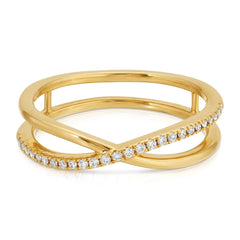A Criss-Cross Diamond Duo Ring in yellow gold on a white background. 