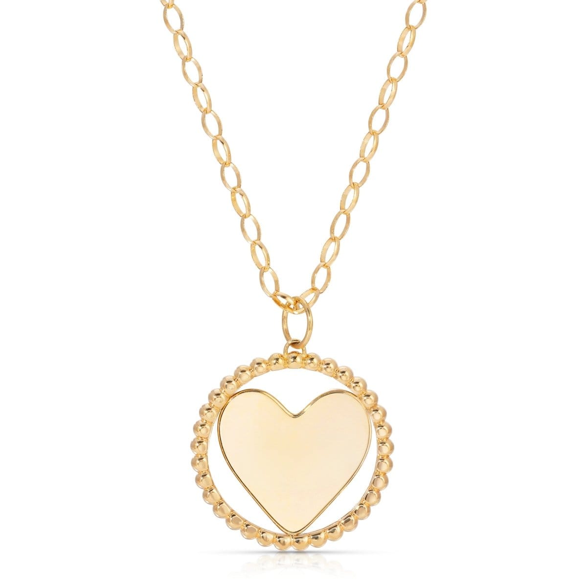 A yellow gold Be Gentle in Grief Necklace showing the side with space for engraving on a white background. 