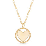 A yellow gold Be Gentle in Grief Necklace showing the side with space for engraving on a white background. 