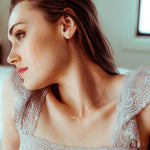 A woman wearing a 14K Gold Letter Threader Earring 'M' and an AMOUR Necklace, both in yellow gold, with a light grey lace top and a blurred background.
