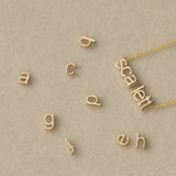 A Petite Nameplate Necklace in Scarlett with several Petite Letter Charms, all in yellow gold, against a light beige background. 