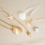 A Chic Cuban Curb Chain with The Golden Venus Shell, Element Long Link Chain with a Golden Scallop Shell and a Golden Spiral Shell on The Slide Chain against a sandy background. 