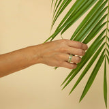 A hand wearing The Fern Bouquet Ring and The Evermore Ring holding a green plant against a light yellow background. 
