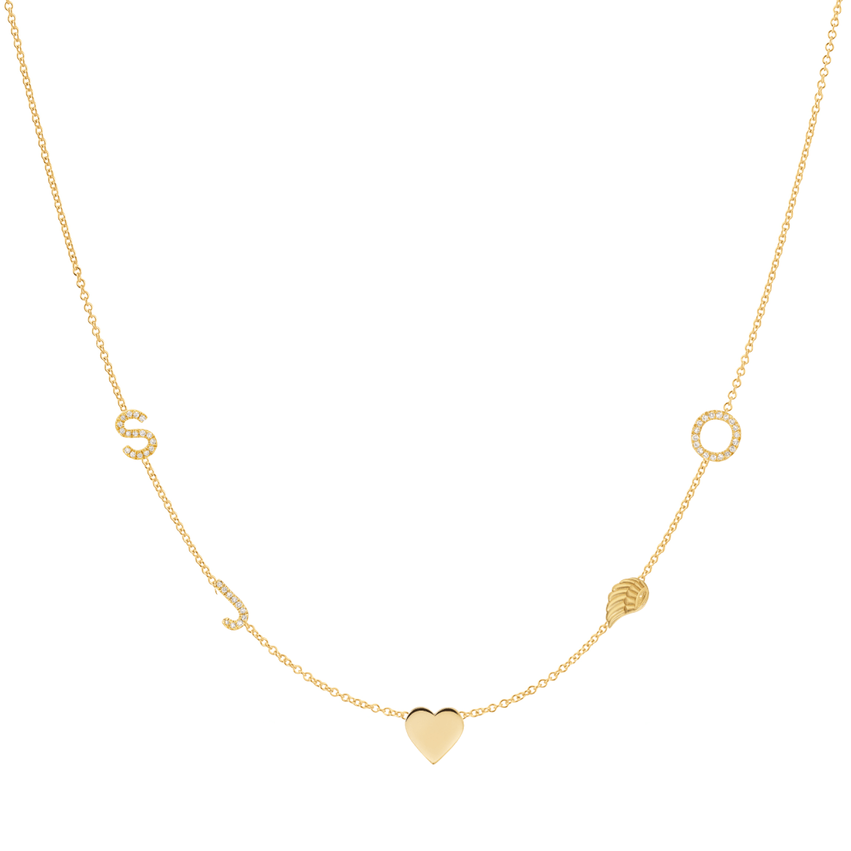 A Custom Gold Necklace in yellow gold with five charms, pave letters S, J and O, a heart and an angel wing, on a white background. 