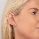 Close-up of a Charm Stud - Om in a blonde woman's ear.