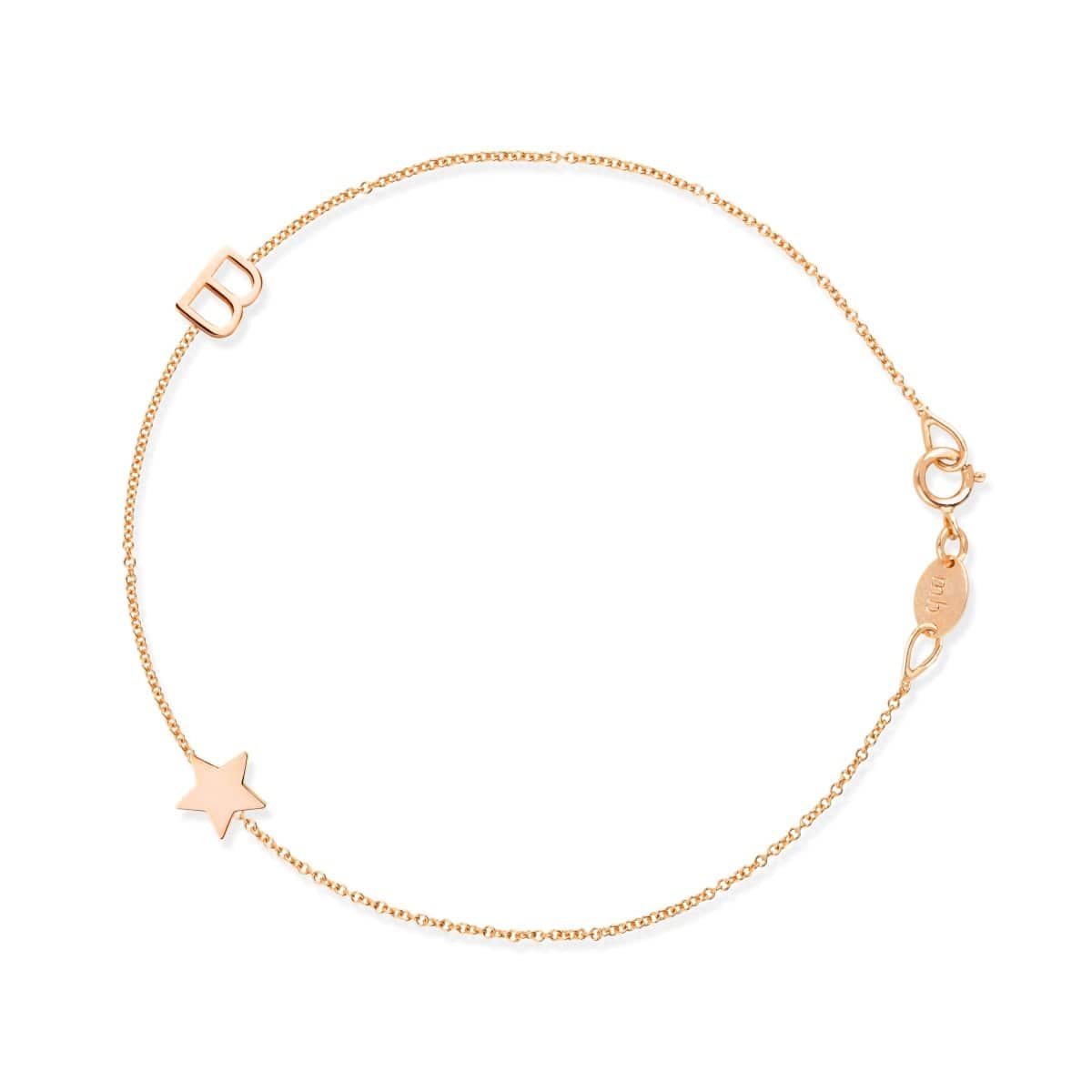 A rose gold Custom Gold Bracelet - 2 Letters (a letter B and a star charm) on a white background. 
