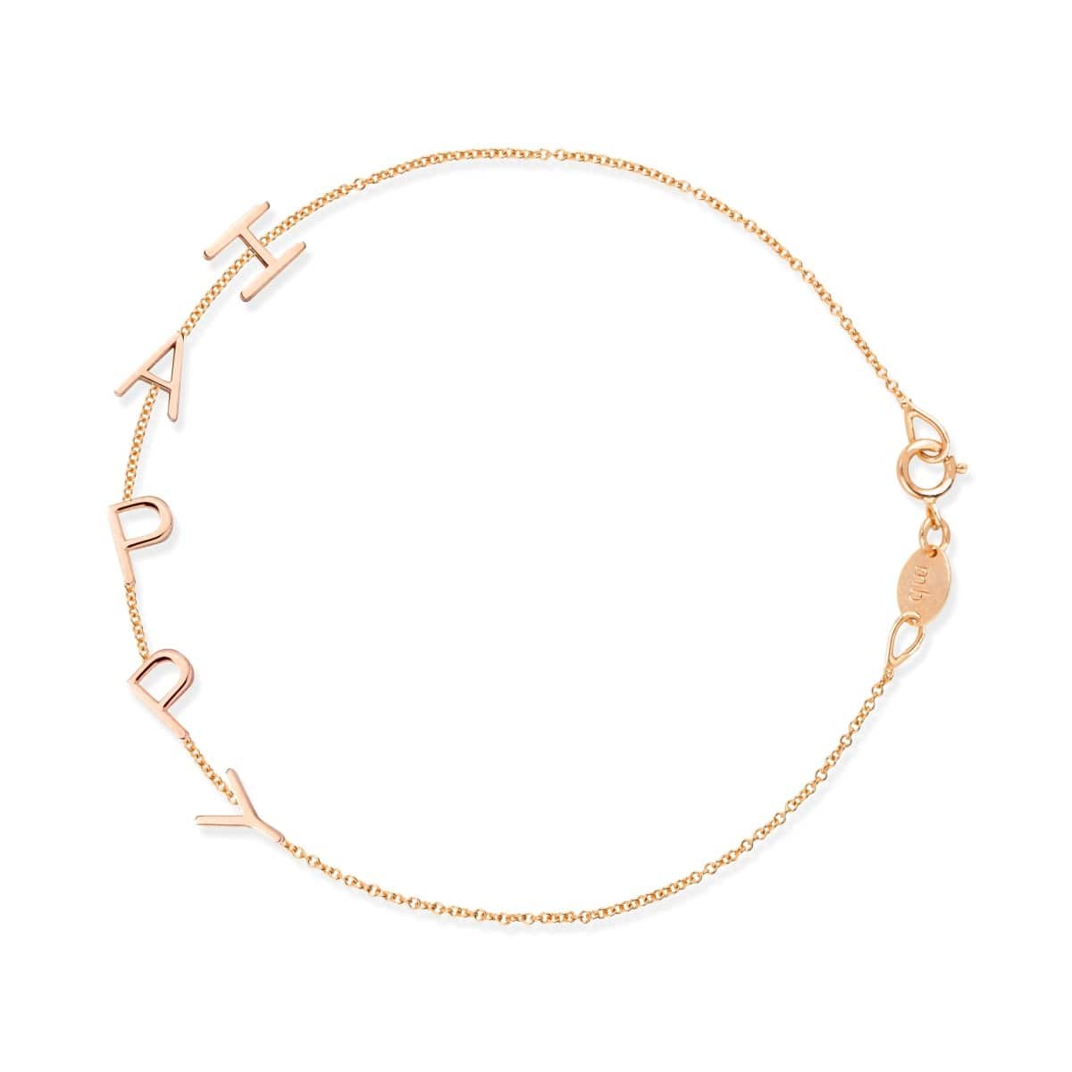 A rose gold Custom Gold Bracelet - 5 Letters with the letters H, A, P, P and Y on a white background. 