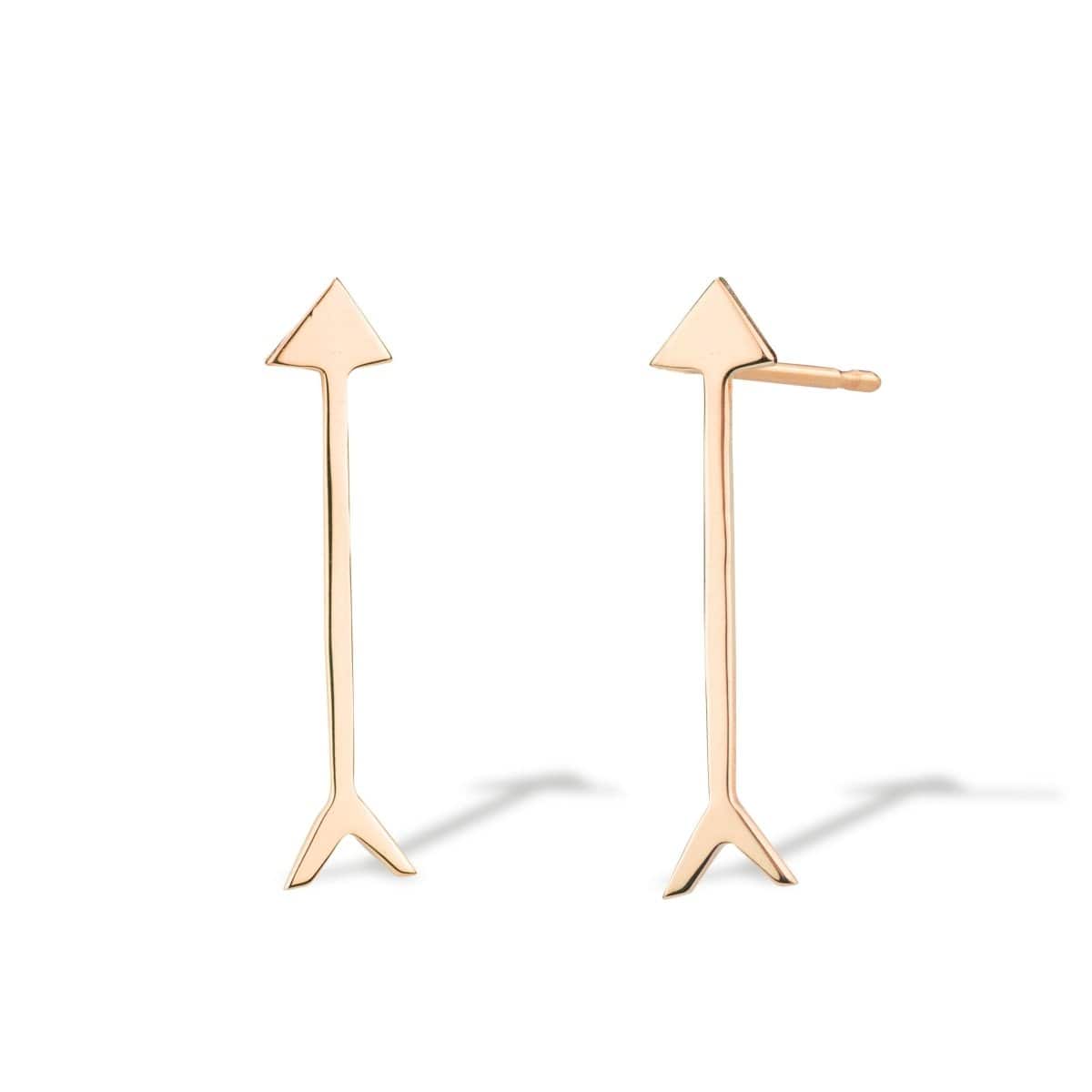 A pair of Straight as an Arrow Earrings in rose gold on a white background. 