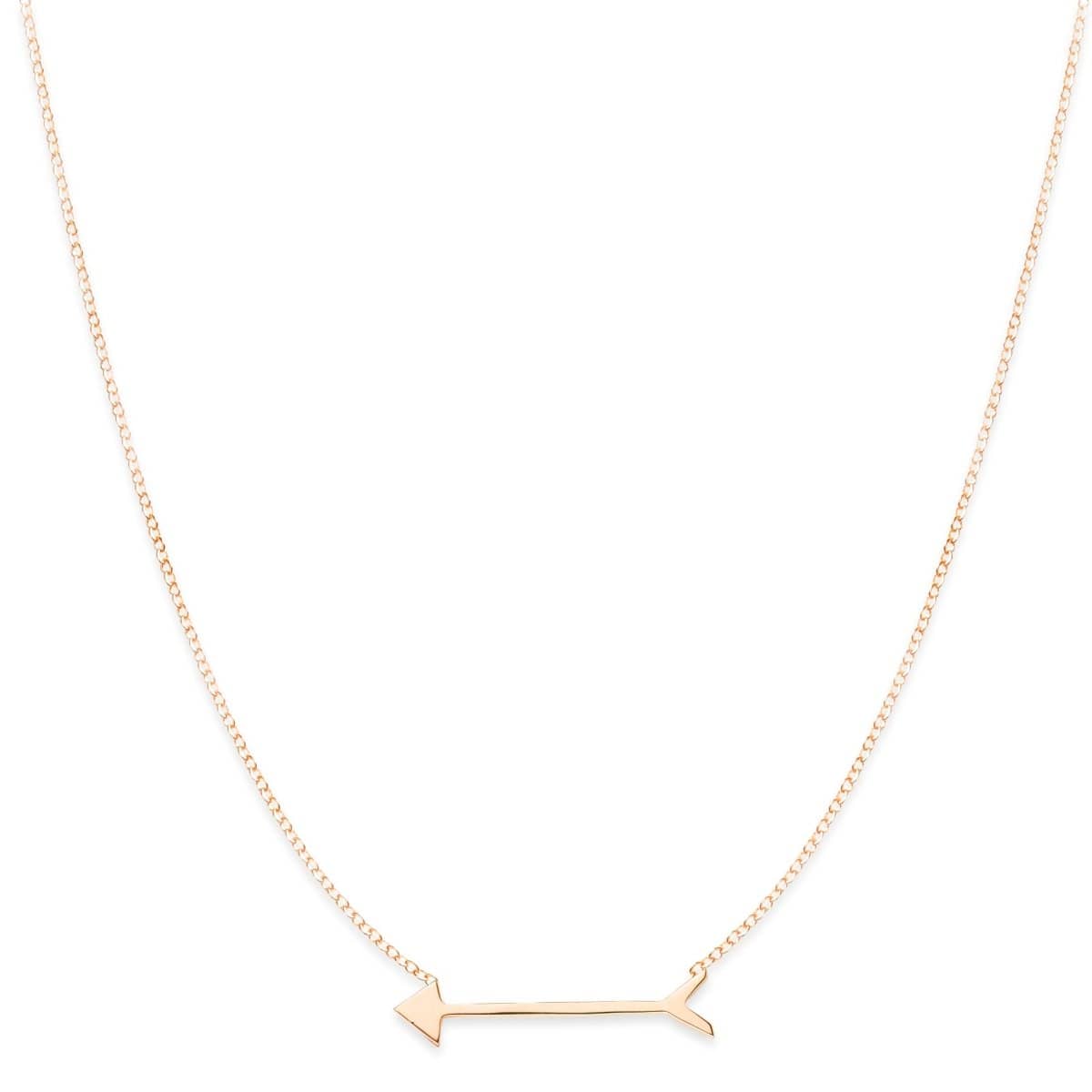 A Straight as an Arrow Necklace in rose gold on a white background. 