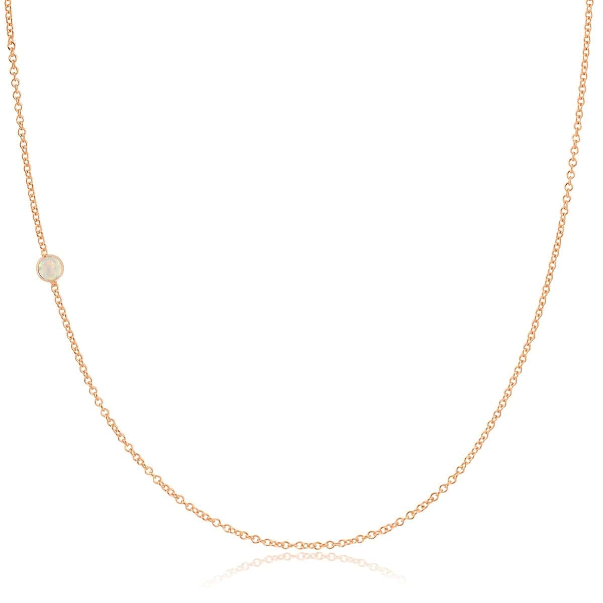 A rose gold 14K Gold Asymmetrical Birthstone Necklace - Opal (October) on a white background. 