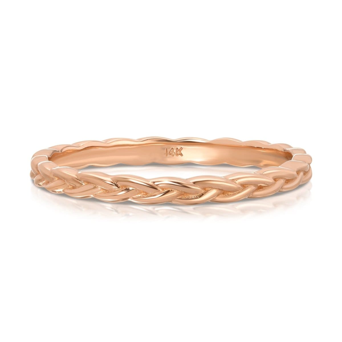 A Braided Ring in rose gold on a white background.