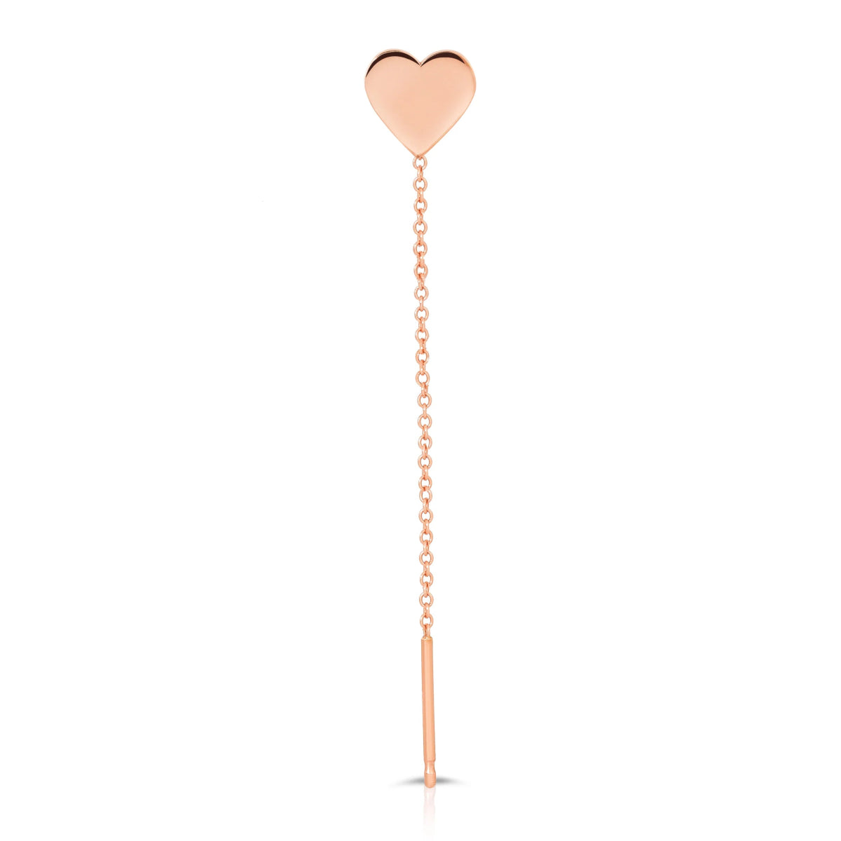 A 14K Gold Charm Threader Earring in heart and rose gold on a white background.