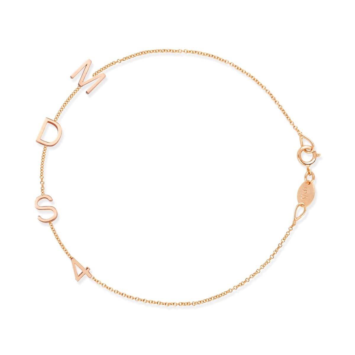 A rose gold Custom Gold Bracelet – 4 Letters with the letters M, D and S and the number 4 on a white background.