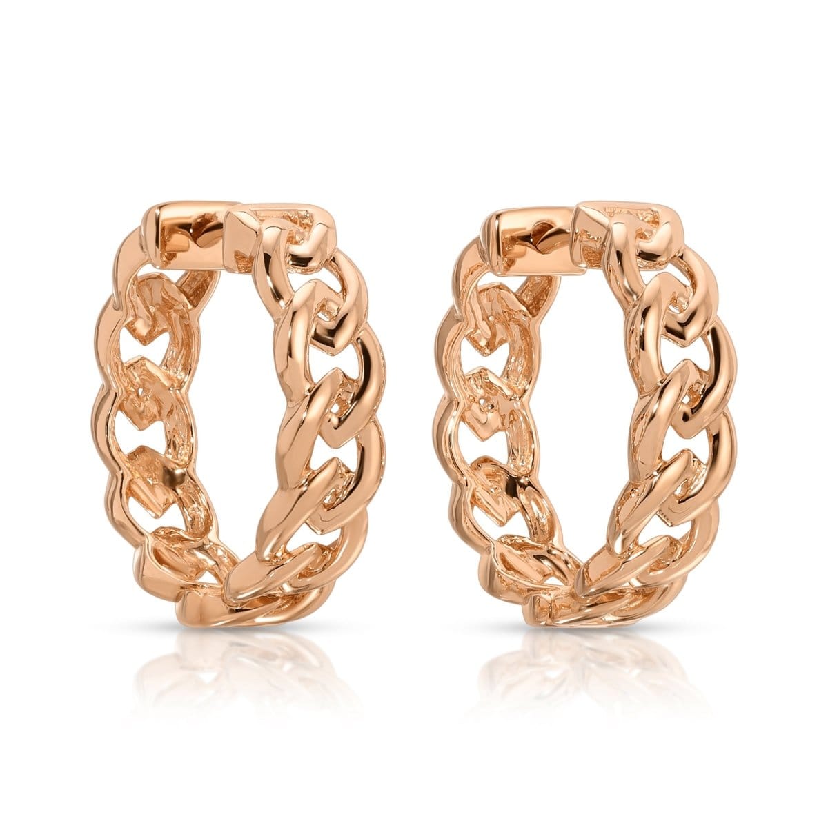 A pair of Link Hoops in rose gold on a white background. 
