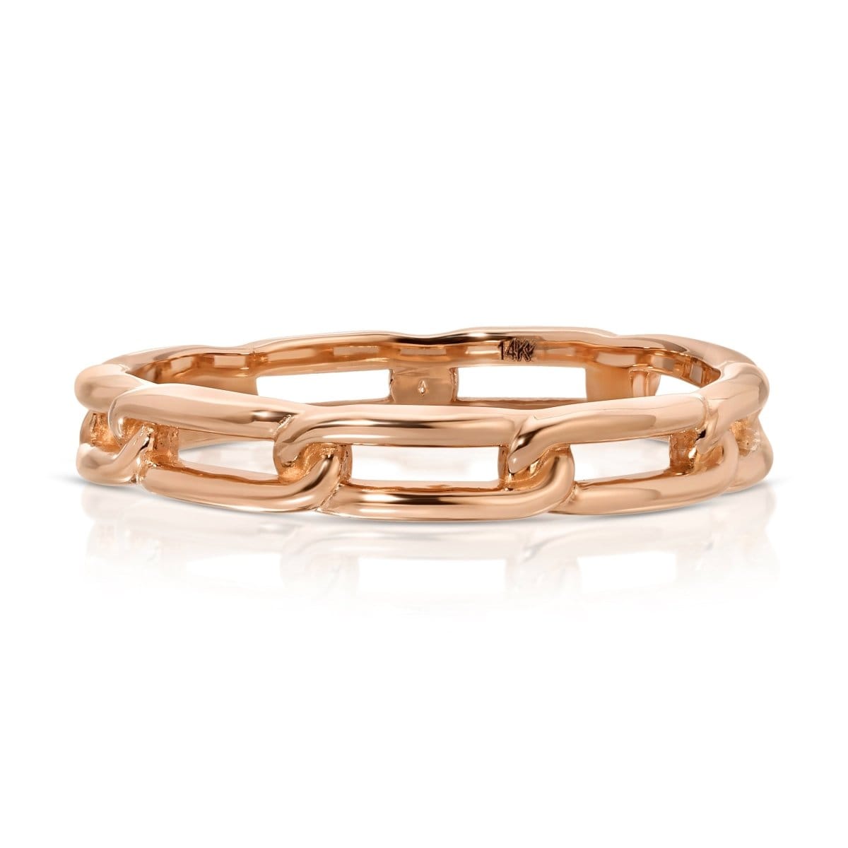 A rose gold Link Ring on a white background. 