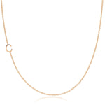 A rose gold necklace with a C letter charm on a white background. 