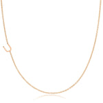 A rose gold necklace with a U letter charm on a white background. 