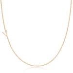A rose gold necklace with a V letter charm on a white background. 