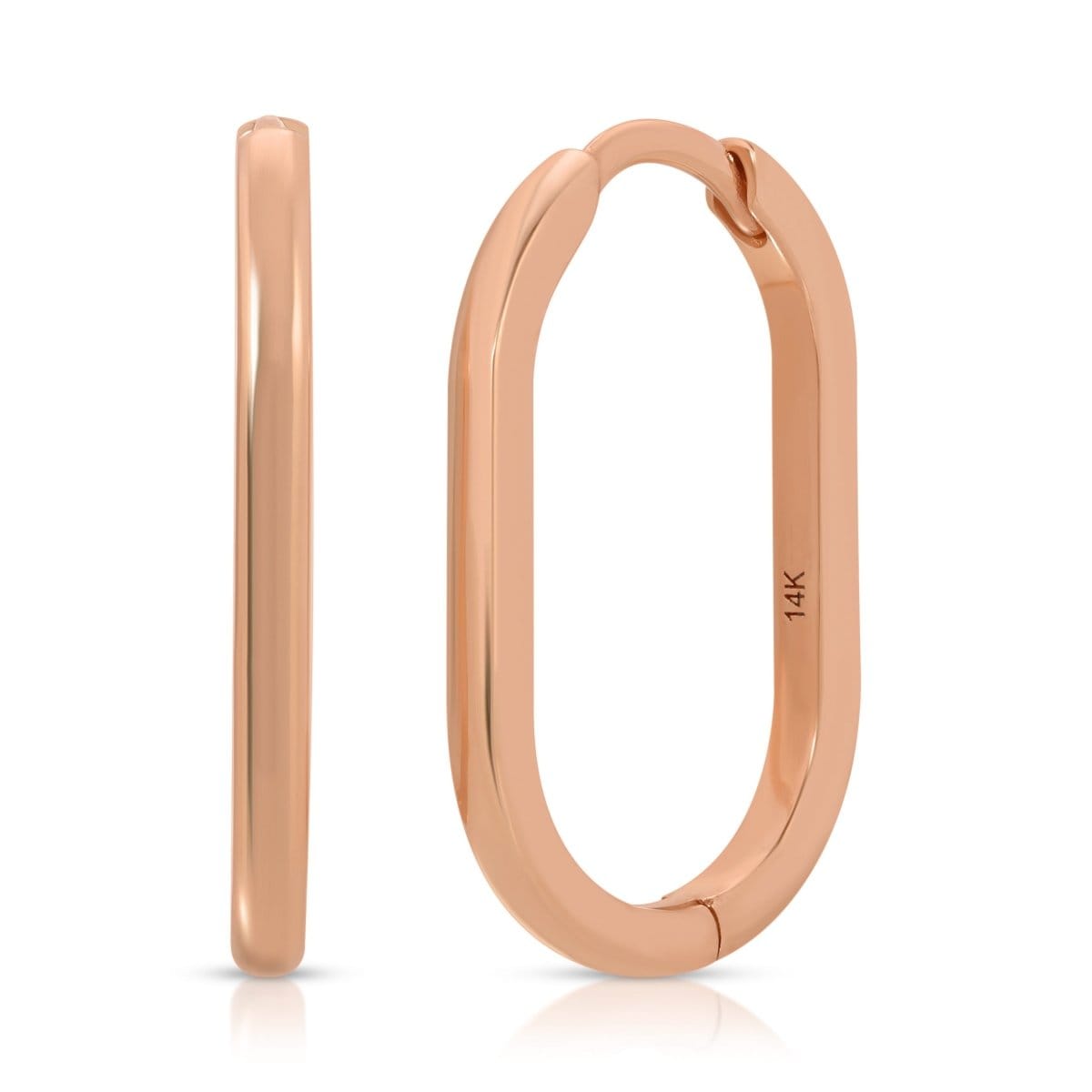 A pair of Oval Hoops in rose gold on a white background. 