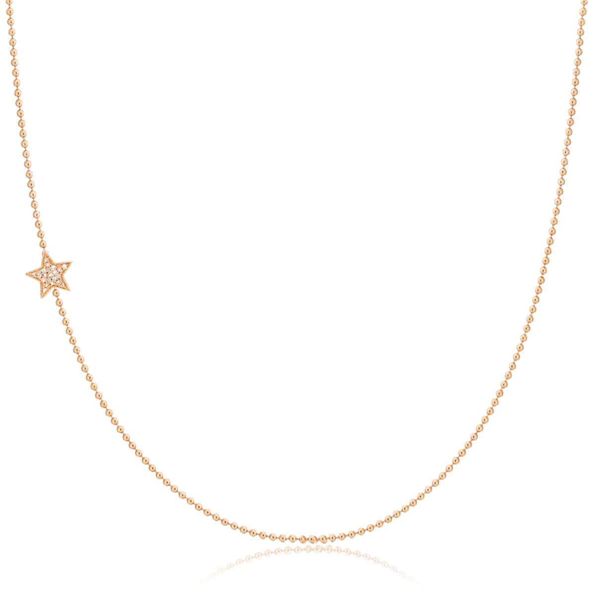 A rose gold 14k Gold Asymmetrical Charm Necklace - Pavé Star with a bead chain on a white background. 