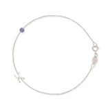 A white gold Custom Gold Bracelet - 2 Letters (a letter K charm and tanzanite birthstone) on a white background. 