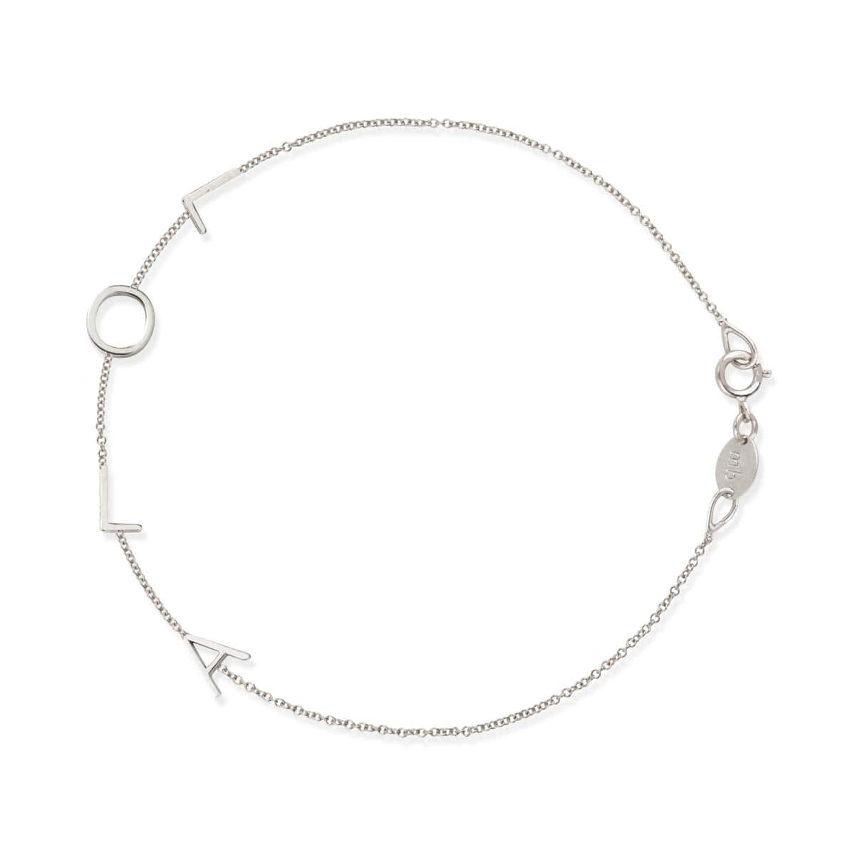 A white gold Custom Gold Bracelet – 4 Letters with the letters L, O, L, A on a white background.