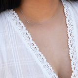 A close-up of a woman's neck wearing a white gold necklace with a letter L charm.
