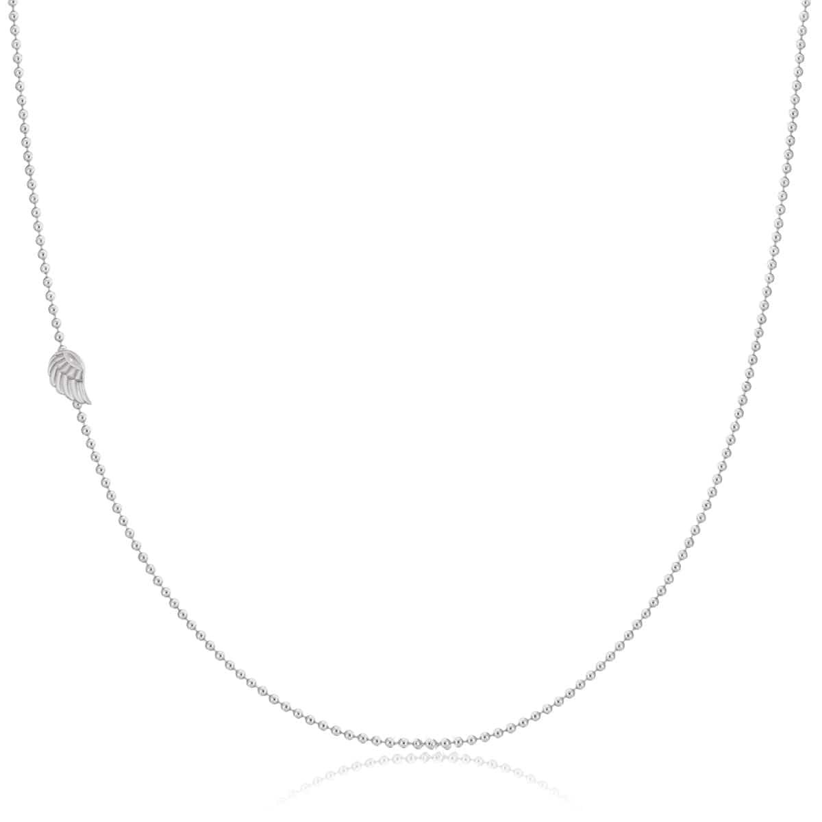 A white gold 14k Gold Asymmetrical Charm Necklace - Angel Wing with a bead chain on a white background. 