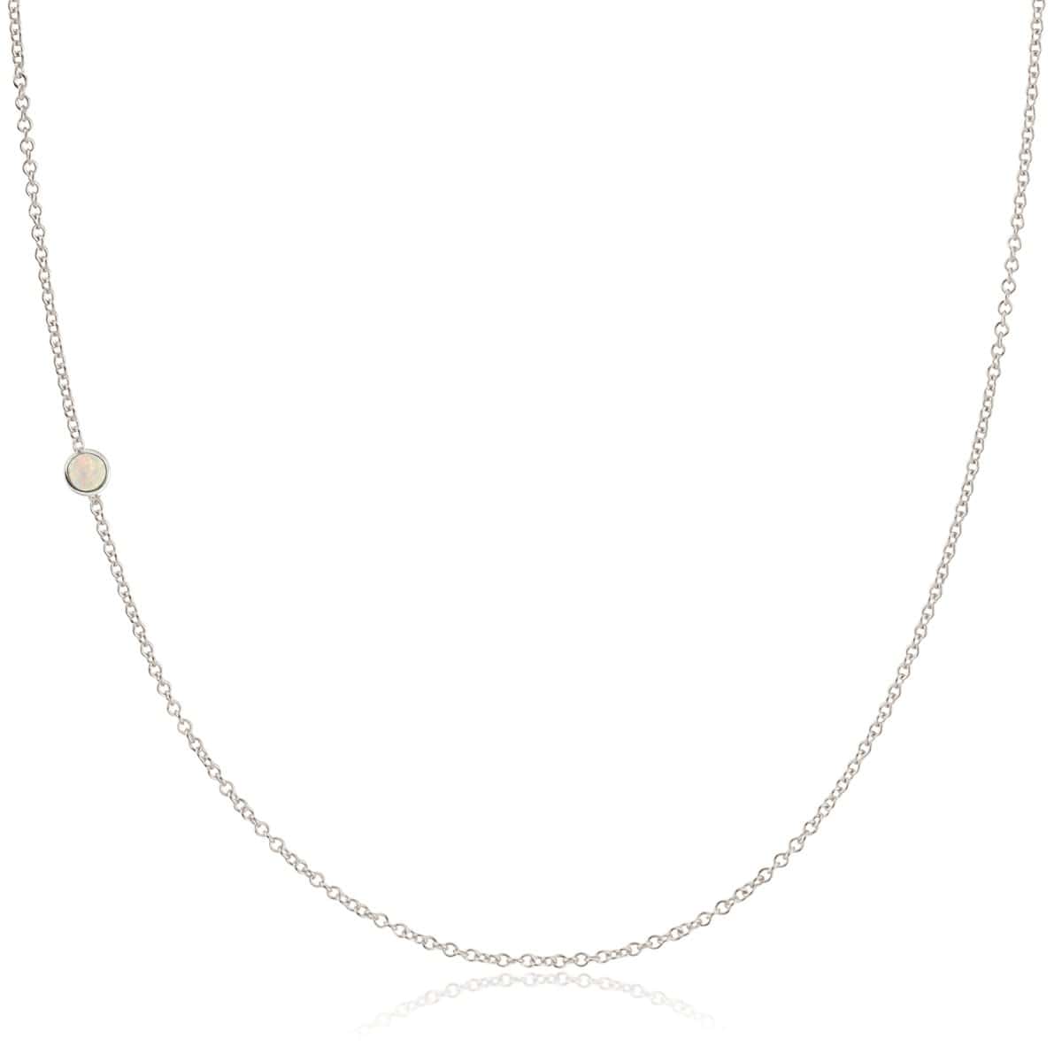 A white gold 14K Gold Asymmetrical Birthstone Necklace - Opal (October) on a white background. 