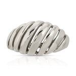 An Etched Paris Ring in white gold on a white background. 