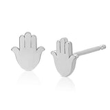 A pair of Charm Studs - Hamsa in white gold on a white background.