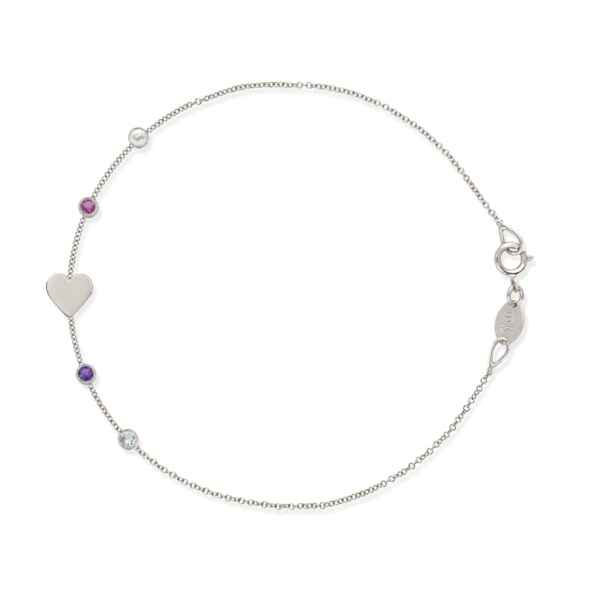 A white gold Custom Gold Bracelet - 5 letters, with four birthstones and a heart charm on a white background. 