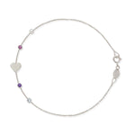 A white gold Custom Gold Bracelet - 5 letters, with four birthstones and a heart charm on a white background. 