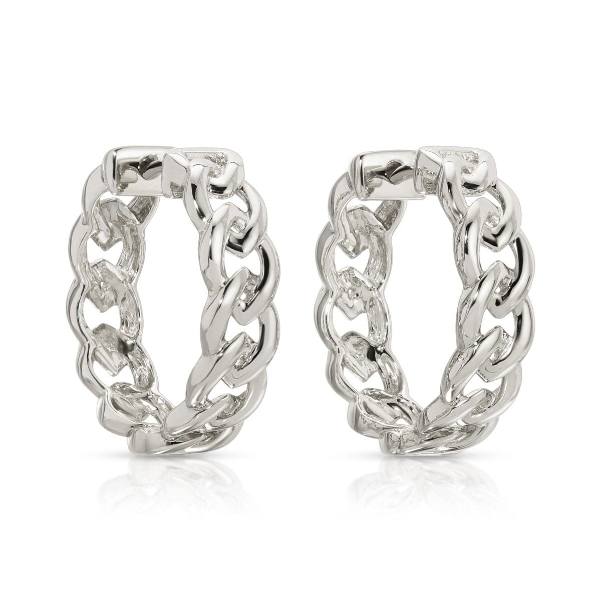 A pair of Link Hoops in white gold on a white background. 