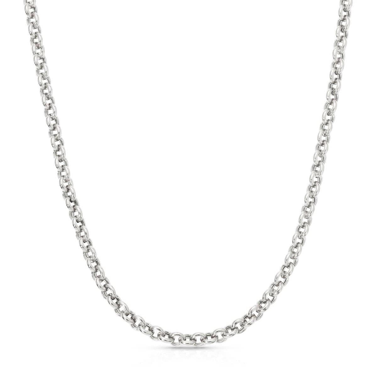 A white gold Rolo Necklace on a white background.