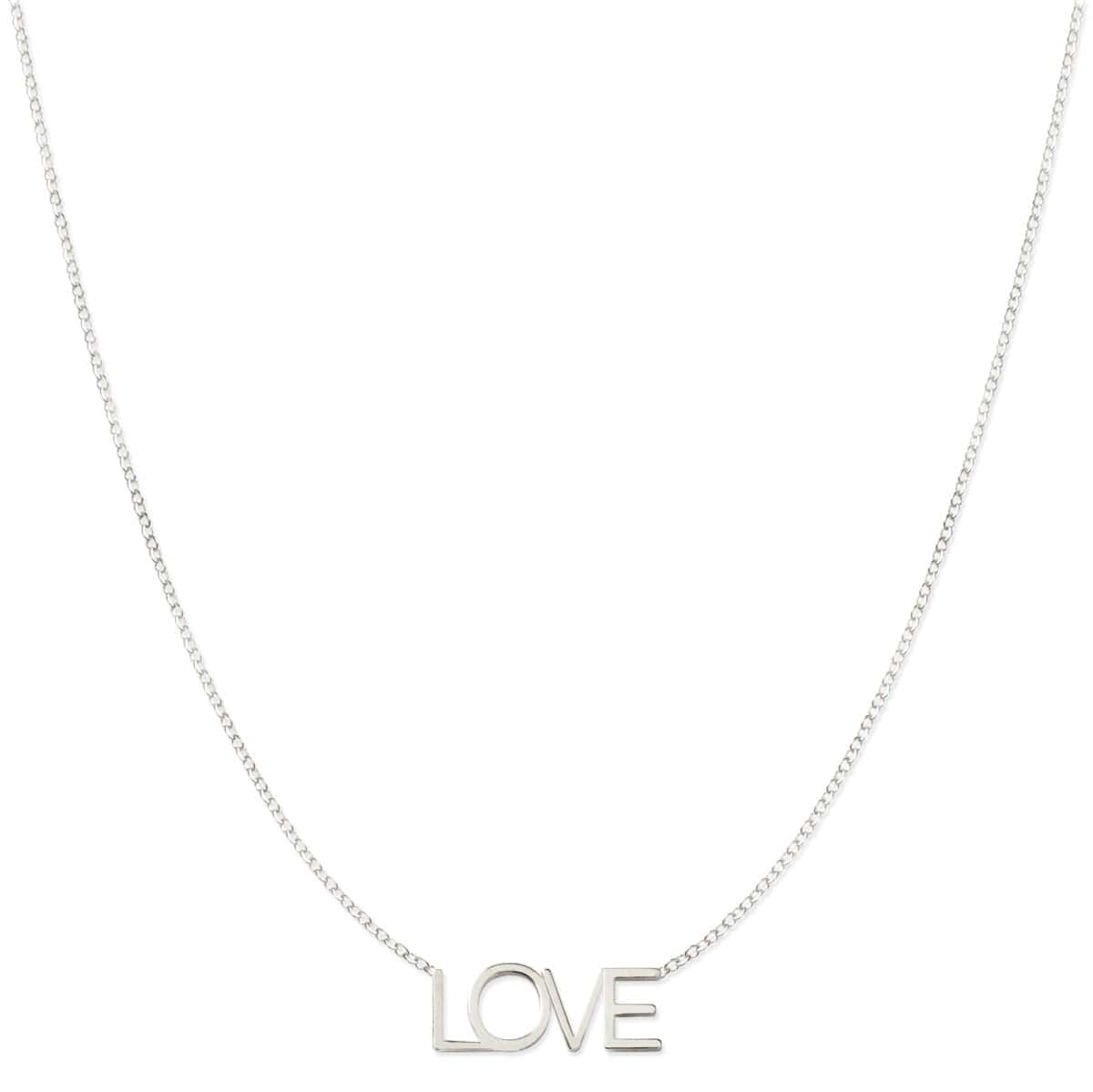 A LOVE Necklace in white gold on a cable chain on a white background. 