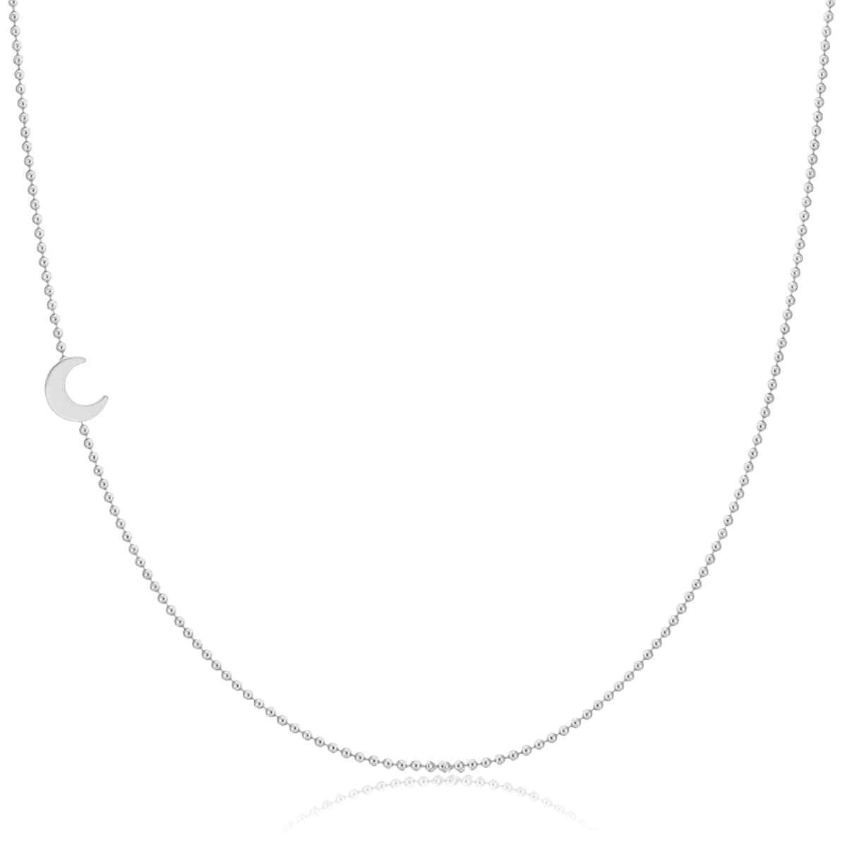 A white gold 14k Gold Asymmetrical Charm Necklace - Moon with a bead chain on a white background. 