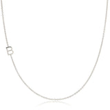 A white gold necklace with a B letter charm on a white background. 