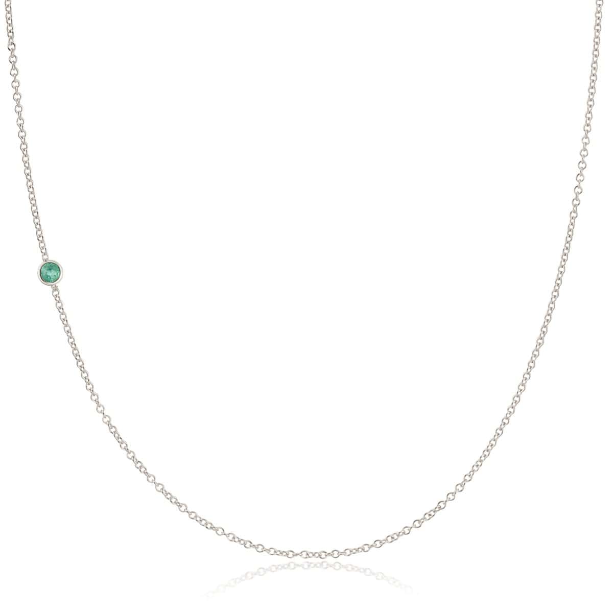 A white gold 14K Gold Asymmetrical Birthstone Necklace - Emerald (May) on a white background. 